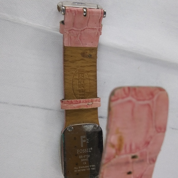 Vtg Fossil Mother Pearl Rhinestone Pink Croc Embossed Leather Wristband Barbie - Picture 4 of 5